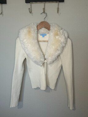 Draper James Ivory Faux Fur Collar Tie Front Cardigan XS